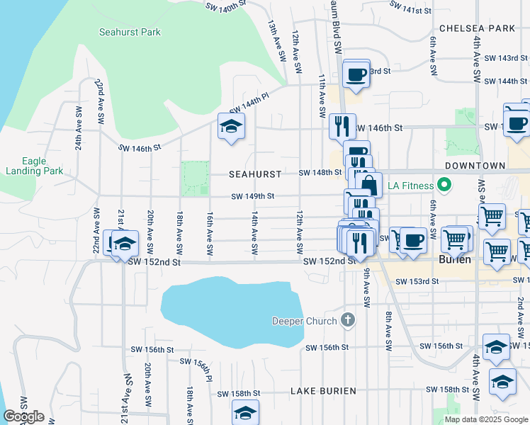 map of restaurants, bars, coffee shops, grocery stores, and more near 1248 Southwest 150th Street in Burien