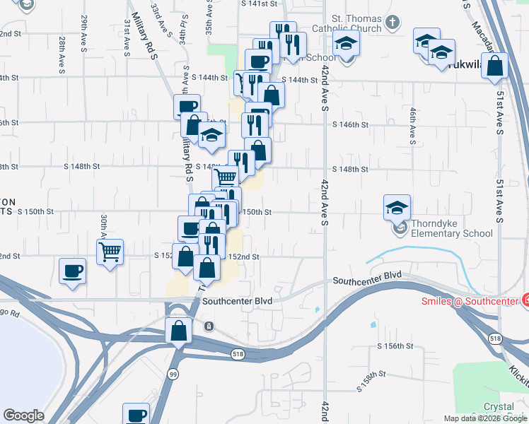 map of restaurants, bars, coffee shops, grocery stores, and more near 3745 South 150th Street in Tukwila