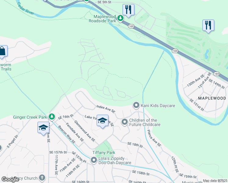 map of restaurants, bars, coffee shops, grocery stores, and more near 15 Royal Hills Drive Southeast in Renton