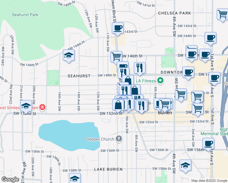 map of restaurants, bars, coffee shops, grocery stores, and more near 1008 Southwest 150th Street in Burien