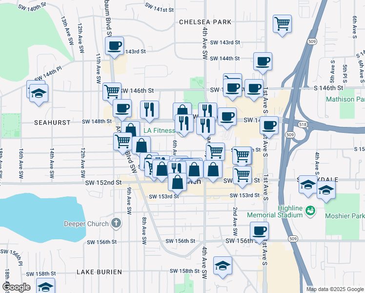 map of restaurants, bars, coffee shops, grocery stores, and more near 14907 4th Avenue Southwest in Burien