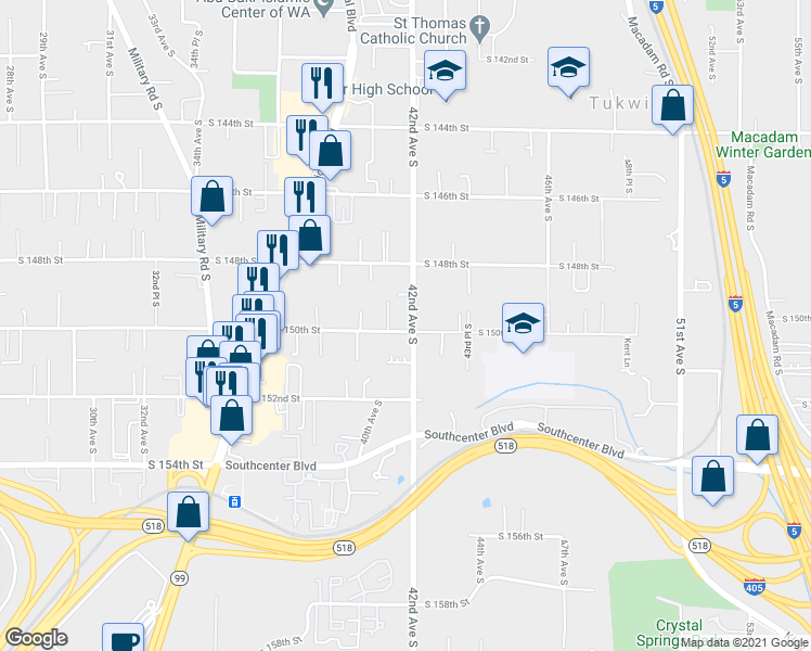 map of restaurants, bars, coffee shops, grocery stores, and more near 14929 42nd Avenue South in Tukwila