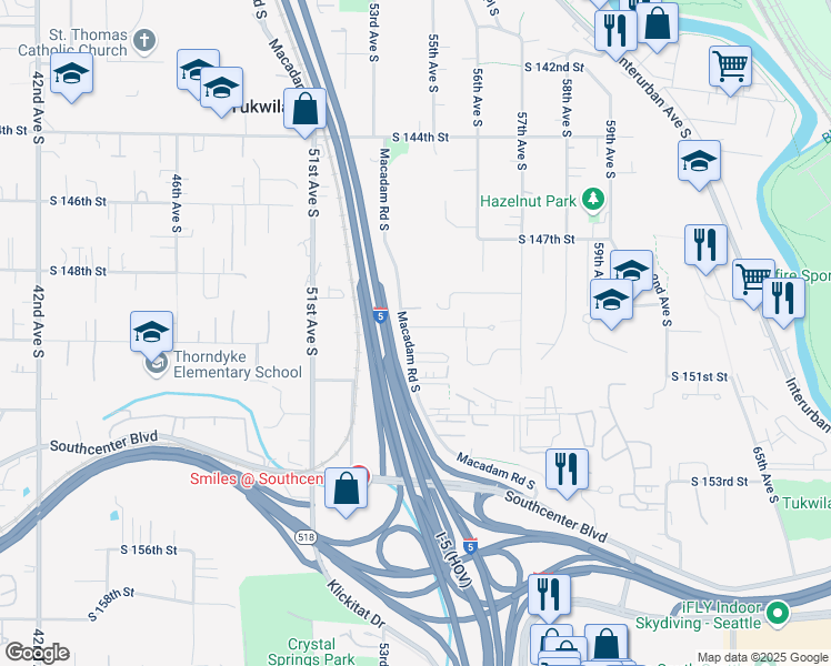 map of restaurants, bars, coffee shops, grocery stores, and more near 5415 South 150th Street in Tukwila