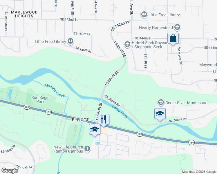 map of restaurants, bars, coffee shops, grocery stores, and more near 14860 154th Place Southeast in Renton