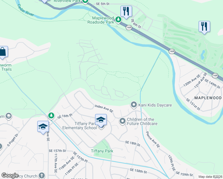 map of restaurants, bars, coffee shops, grocery stores, and more near 3000 Royal Hills Drive Southeast in Renton