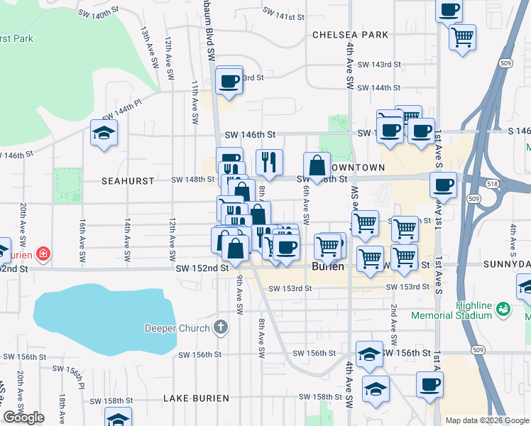 map of restaurants, bars, coffee shops, grocery stores, and more near 14924 8th Avenue Southwest in Burien