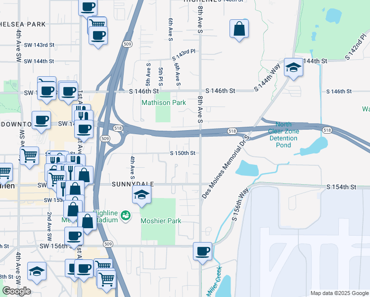 map of restaurants, bars, coffee shops, grocery stores, and more near 626 South 150th Street in Burien