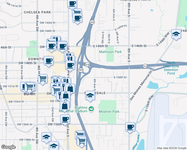 map of restaurants, bars, coffee shops, grocery stores, and more near 342 South 150th Street in Burien