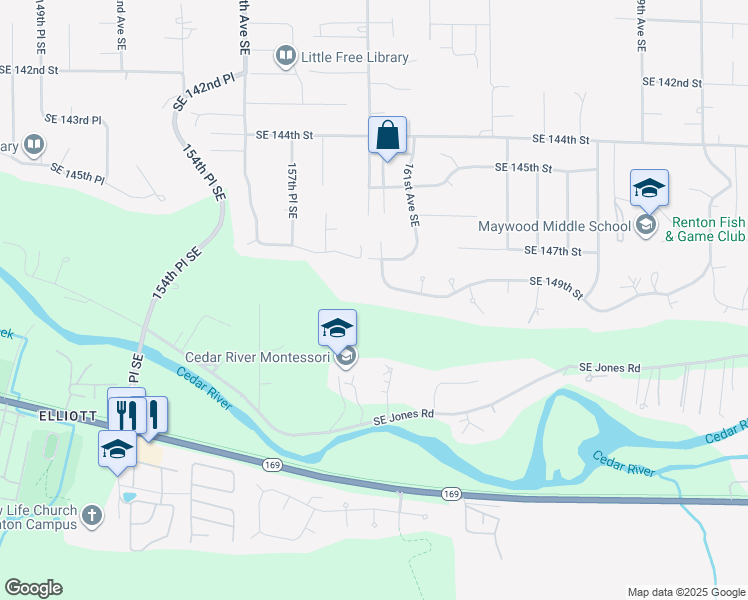 map of restaurants, bars, coffee shops, grocery stores, and more near 16001 Southeast 149th Street in Renton