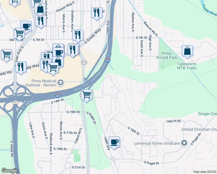 map of restaurants, bars, coffee shops, grocery stores, and more near 1300 Eagle Ridge Drive South in Renton