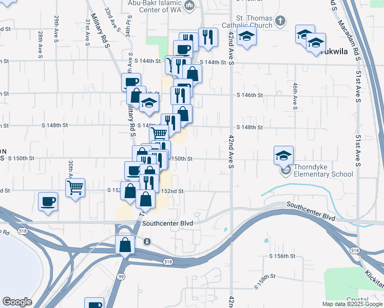 map of restaurants, bars, coffee shops, grocery stores, and more near 3814 South 150th Street in Tukwila