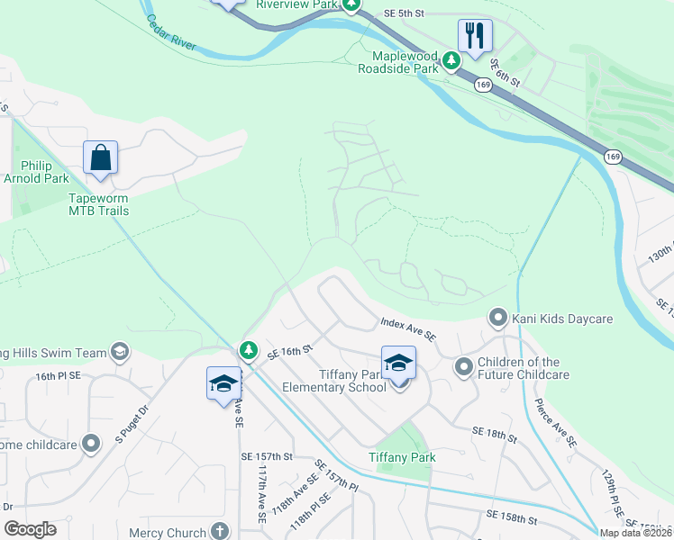 map of restaurants, bars, coffee shops, grocery stores, and more near 1402 Index Avenue Southeast in Renton