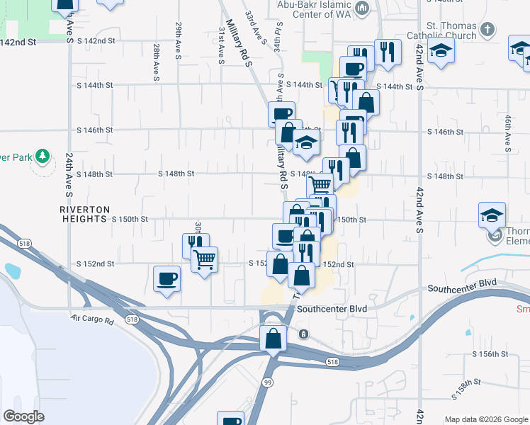 map of restaurants, bars, coffee shops, grocery stores, and more near 3232 South 150th Street in SeaTac