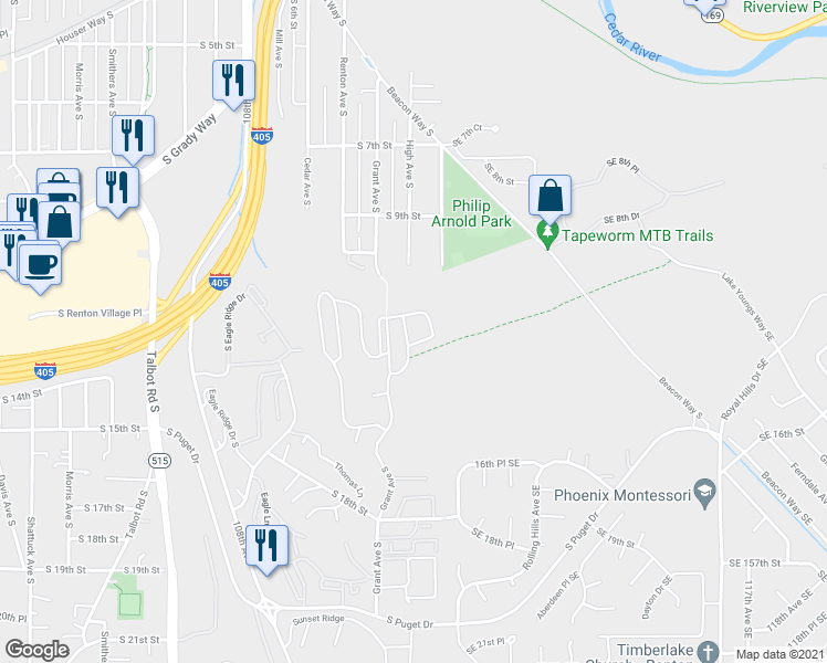 map of restaurants, bars, coffee shops, grocery stores, and more near 1200 Grant Avenue South in Renton