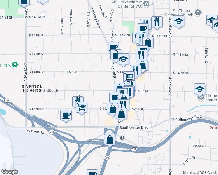 map of restaurants, bars, coffee shops, grocery stores, and more near 3232 South 150th Street in SeaTac