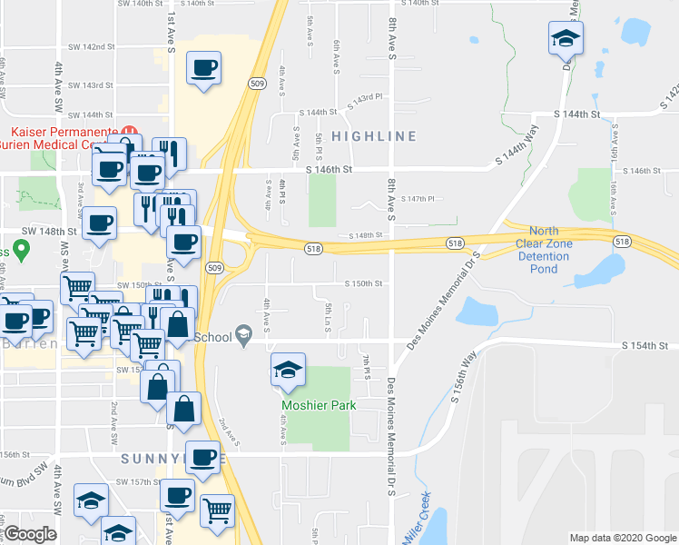 map of restaurants, bars, coffee shops, grocery stores, and more near 592 South 150th Street in Seattle