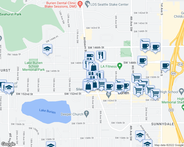 map of restaurants, bars, coffee shops, grocery stores, and more near 14912 Ambaum Boulevard Southwest in Burien