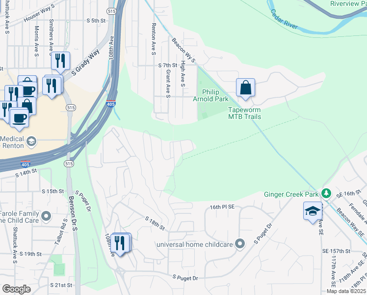 map of restaurants, bars, coffee shops, grocery stores, and more near 1200 Grant Avenue South in Renton