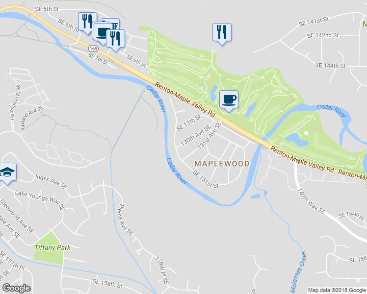 map of restaurants, bars, coffee shops, grocery stores, and more near 15034 130th Avenue Southeast in Renton