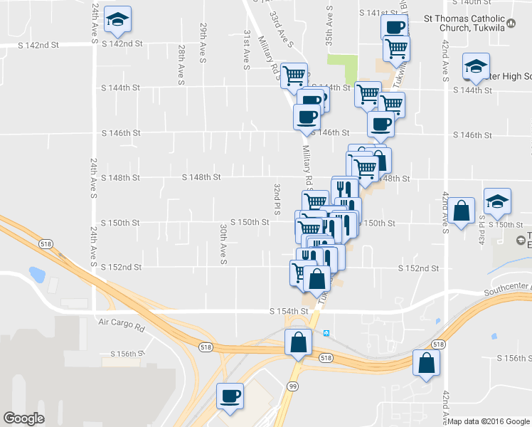 map of restaurants, bars, coffee shops, grocery stores, and more near 3054 South 150th Street in SeaTac