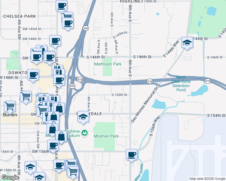 map of restaurants, bars, coffee shops, grocery stores, and more near 14948 6th Avenue South in Burien