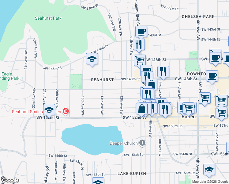 map of restaurants, bars, coffee shops, grocery stores, and more near 1223 Southwest 149th Street in Burien