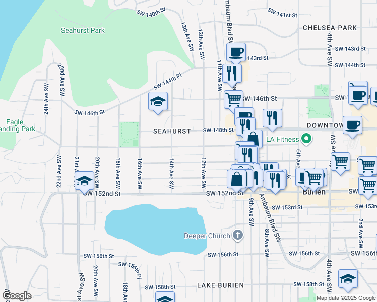 map of restaurants, bars, coffee shops, grocery stores, and more near 1231 Southwest 149th Street in Seattle