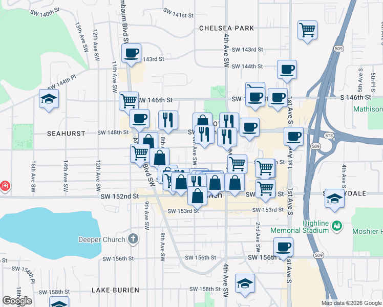map of restaurants, bars, coffee shops, grocery stores, and more near 14905 6th Avenue Southwest in Burien