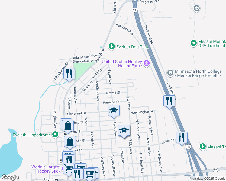 map of restaurants, bars, coffee shops, grocery stores, and more near 801 Summit Street in Eveleth