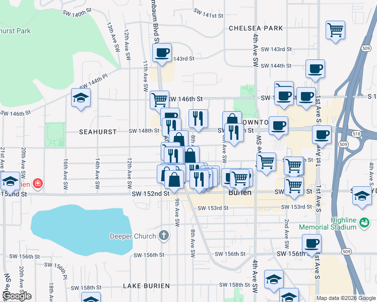 map of restaurants, bars, coffee shops, grocery stores, and more near 14924 8th Avenue Southwest in Burien