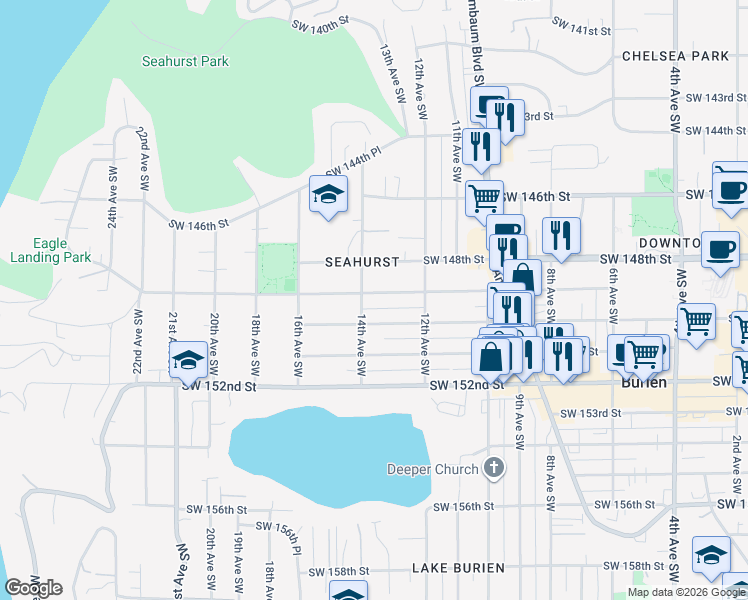 map of restaurants, bars, coffee shops, grocery stores, and more near 1245 Southwest 149th Street in Burien