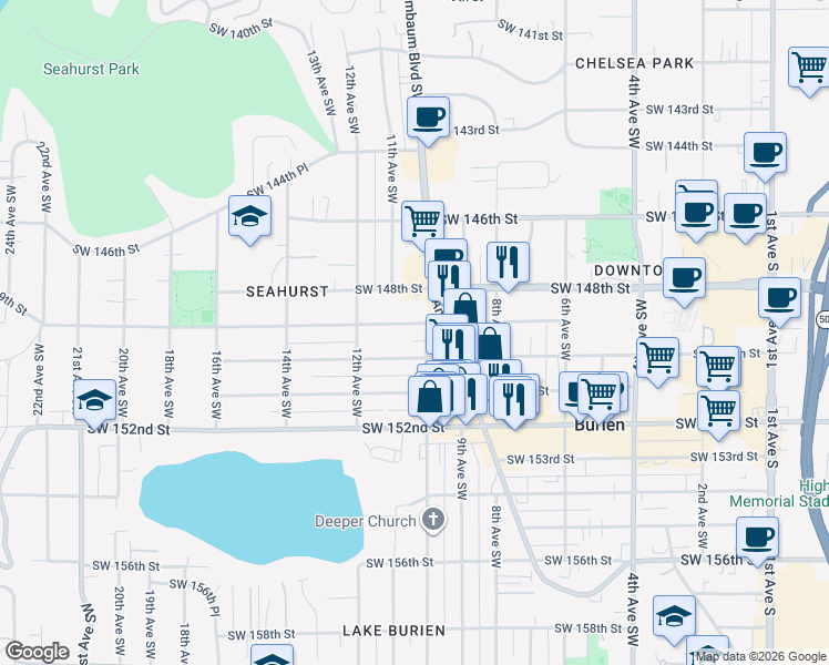 map of restaurants, bars, coffee shops, grocery stores, and more near 1008 Southwest 150th Street in Burien