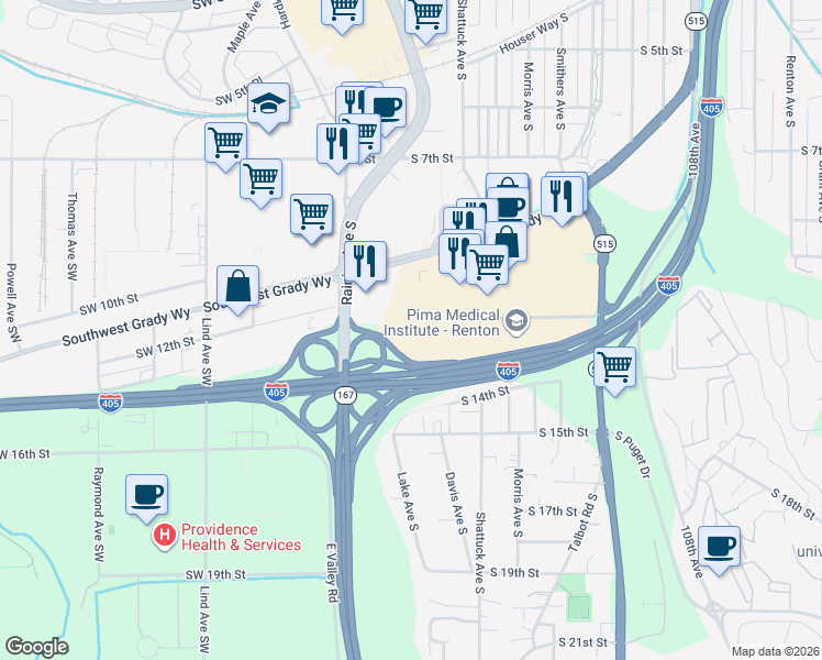 map of restaurants, bars, coffee shops, grocery stores, and more near 15 South Grady Way in Renton