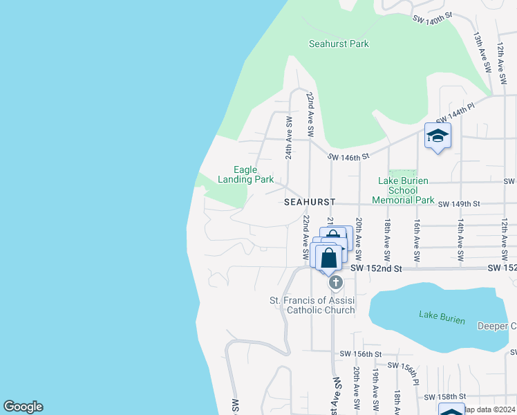 map of restaurants, bars, coffee shops, grocery stores, and more near 2609 Southwest 149th Place in Burien