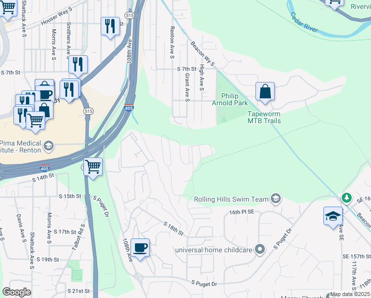 map of restaurants, bars, coffee shops, grocery stores, and more near 1205 Grant Avenue South in Renton