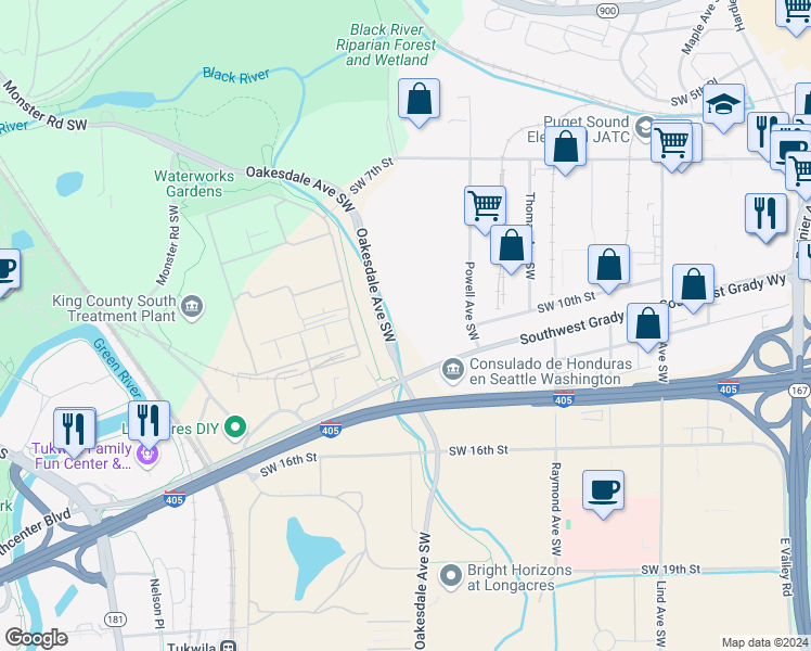 map of restaurants, bars, coffee shops, grocery stores, and more near 1150 Oakesdale Avenue Southwest in Renton