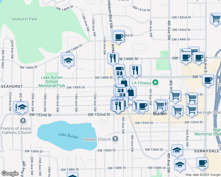 map of restaurants, bars, coffee shops, grocery stores, and more near 1008 Southwest 150th Street in Burien