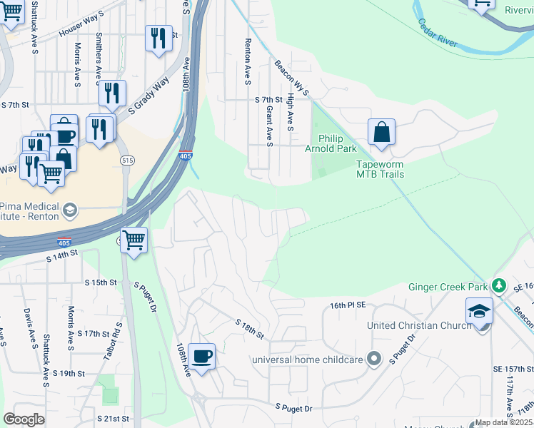 map of restaurants, bars, coffee shops, grocery stores, and more near 1205 Grant Avenue South in Renton