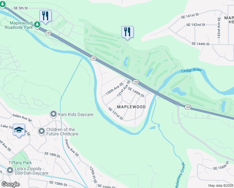 map of restaurants, bars, coffee shops, grocery stores, and more near 15008 131st Avenue Southeast in Renton