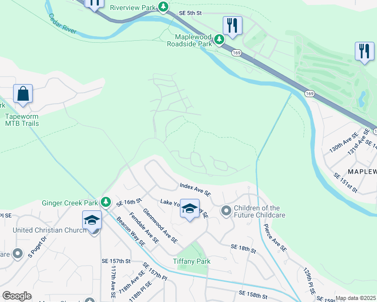 map of restaurants, bars, coffee shops, grocery stores, and more near 3000 Royal Hills Drive Southeast in Renton