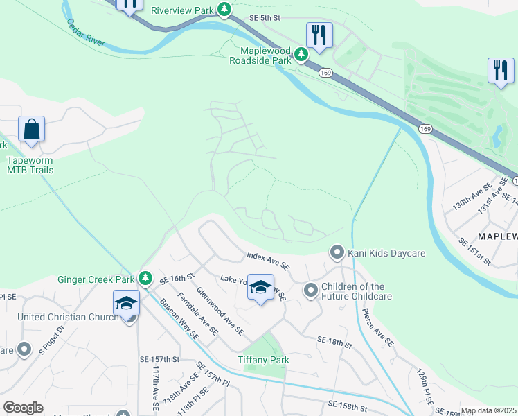 map of restaurants, bars, coffee shops, grocery stores, and more near 3000 Royal Hills Drive Southeast in Renton