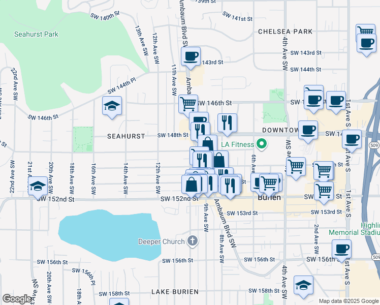 map of restaurants, bars, coffee shops, grocery stores, and more near 14911 10th Avenue Southwest in Seattle