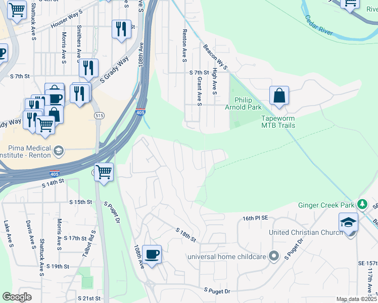 map of restaurants, bars, coffee shops, grocery stores, and more near 1205 Grant Avenue South in Renton