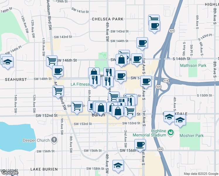 map of restaurants, bars, coffee shops, grocery stores, and more near 14907 4th Avenue Southwest in Burien