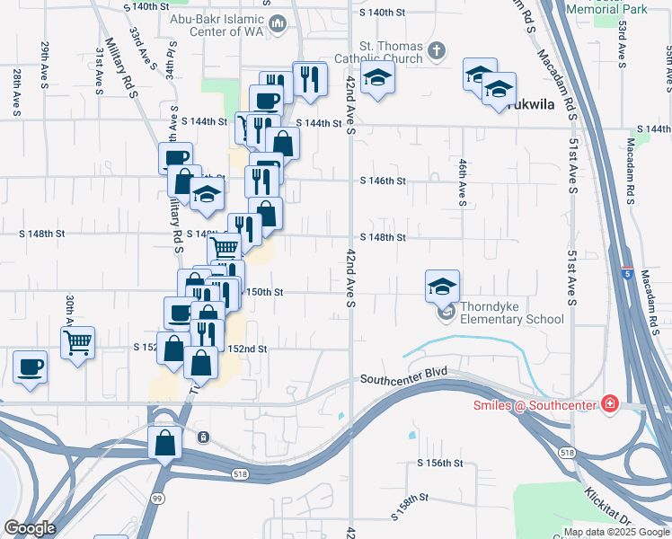 map of restaurants, bars, coffee shops, grocery stores, and more near 14929 42nd Avenue South in Tukwila