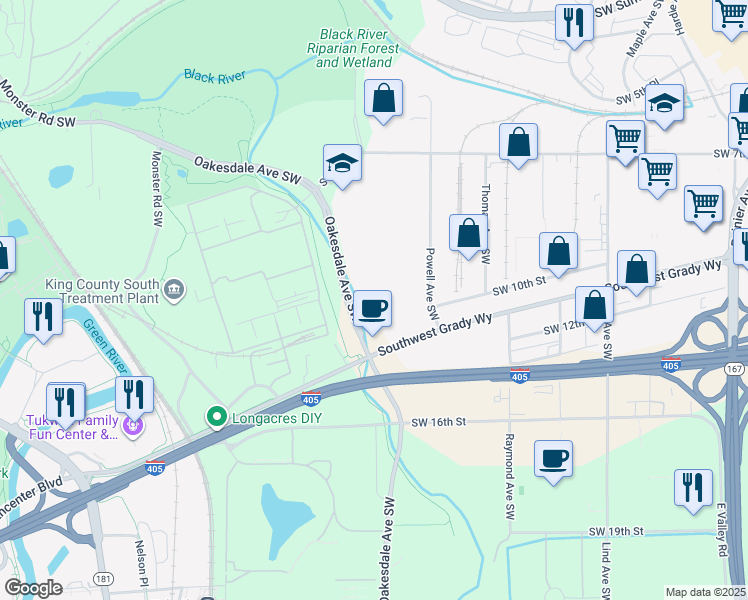 map of restaurants, bars, coffee shops, grocery stores, and more near 1150 Oakesdale Avenue Southwest in Renton