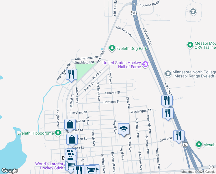 map of restaurants, bars, coffee shops, grocery stores, and more near 801 Summit Street in Eveleth