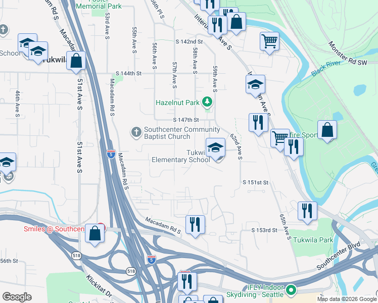 map of restaurants, bars, coffee shops, grocery stores, and more near 14915 58th Avenue South in Tukwila