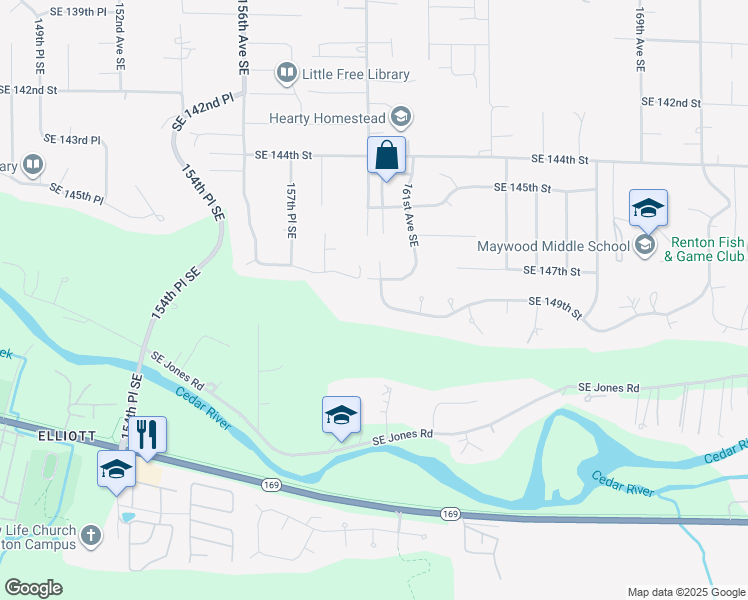 map of restaurants, bars, coffee shops, grocery stores, and more near 16001 Southeast 149th Street in Renton