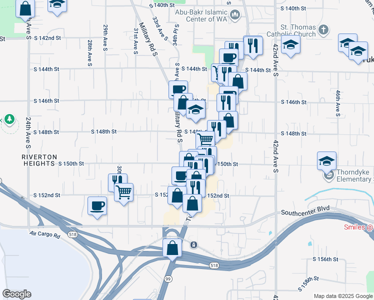 map of restaurants, bars, coffee shops, grocery stores, and more near 14926 Military Road South in Tukwila